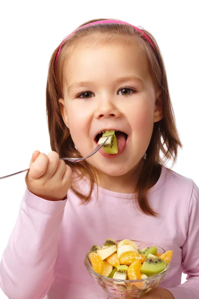 Cute Little Girl Eats Fruit Salad Using Fork Isolated White — Stock Photo, Image