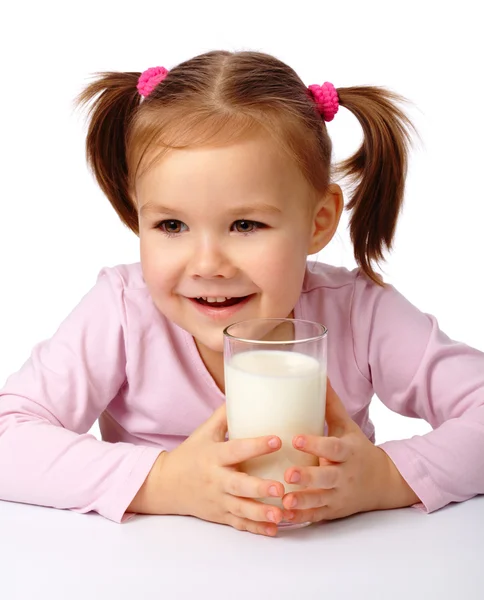 Cute Little Girl Glass Milk Isolated White — Stock Photo, Image