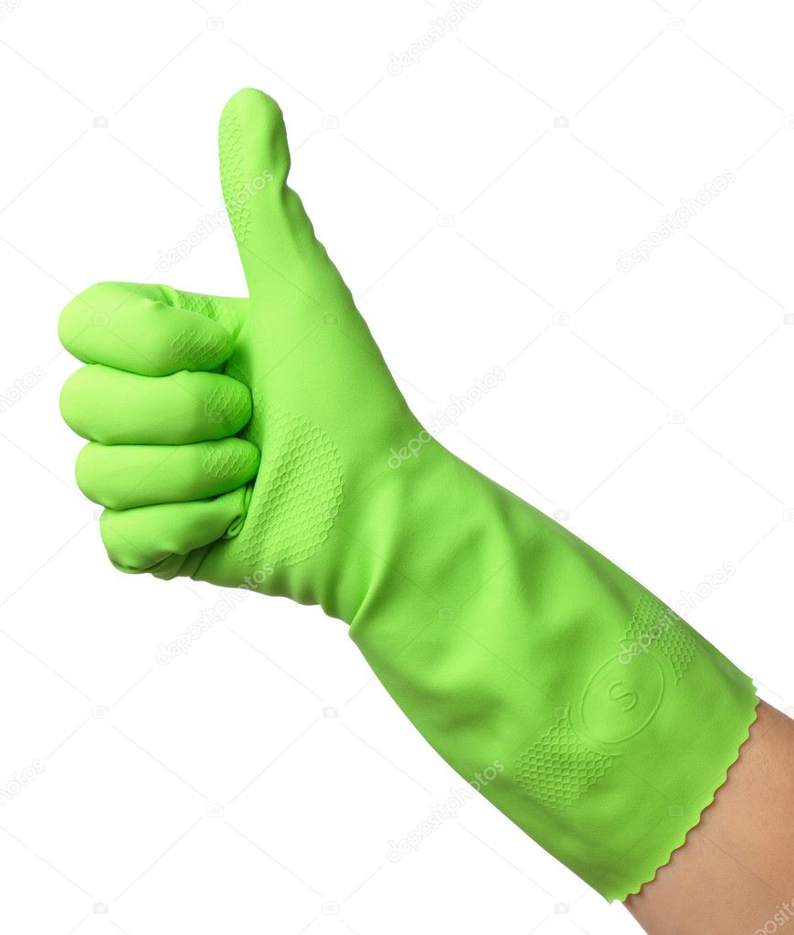 Hand wearing green rubber glove shows thumb up sign, isolated over white