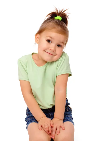 Schattig Klein Meisje Zittend Vloer Glimlach Geïsoleerd Wit — Stockfoto