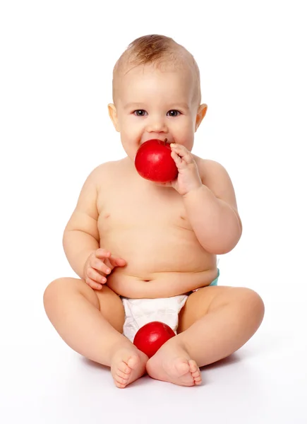 Portrait Mignon Petit Enfant Avec Deux Pommes Rouges Isolé Sur — Photo