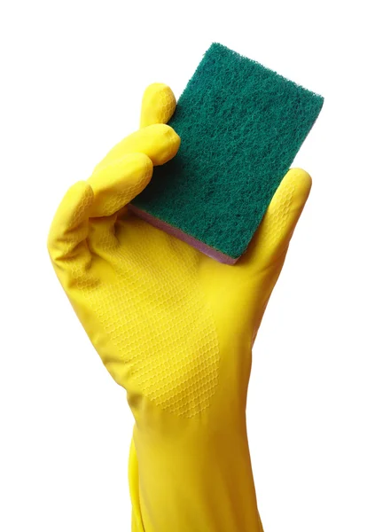 Hand in glove holding washing sponge — Stock Photo, Image