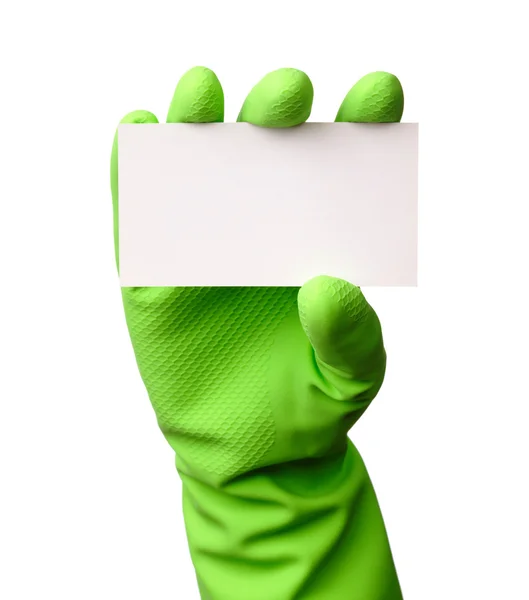 Mão na luva verde mostrando cartão de visita — Fotografia de Stock