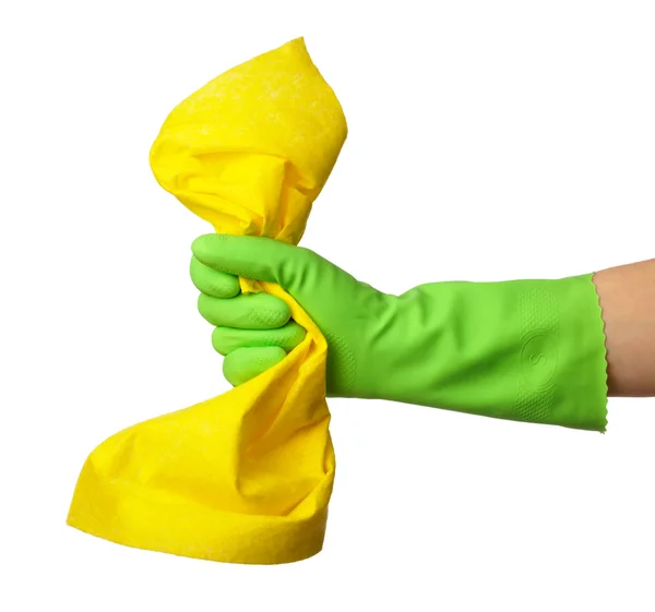 Hand in rubber glove holds cleaning rag — Stock Photo, Image
