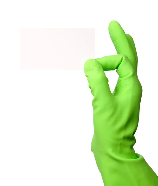 Mano en guante verde mostrando tarjeta de visita — Foto de Stock