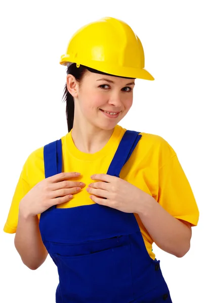Giovane bella donna in uniforme da costruzione — Foto Stock