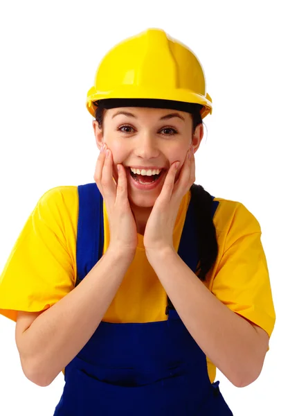 Chica de la construcción sosteniendo su cara en asombro — Foto de Stock