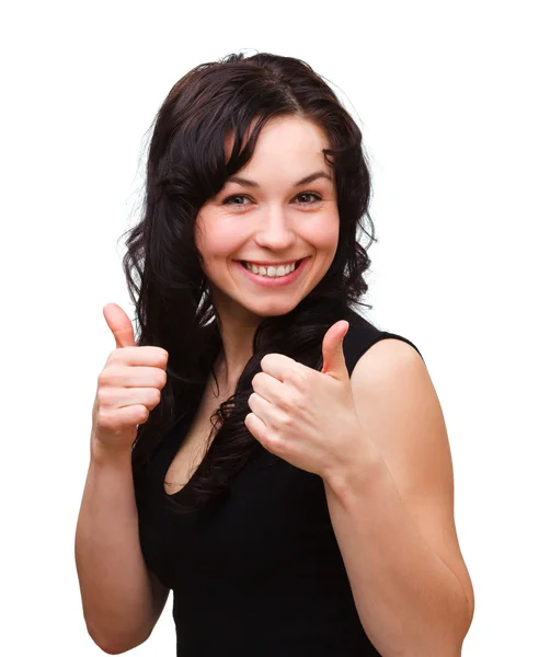 Jovem mulher mostrando polegar para cima gesto — Fotografia de Stock