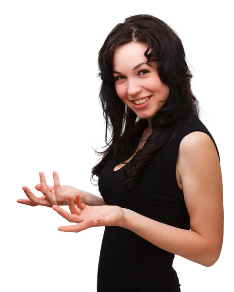Woman explaining something gesturing with hands — Zdjęcie stockowe