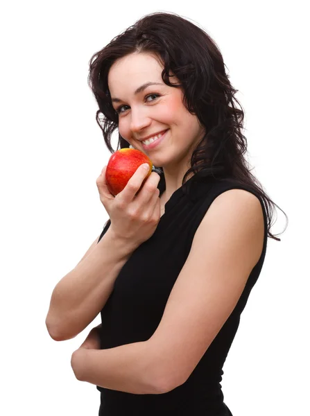 与红苹果年轻有魅力的女人 — 图库照片