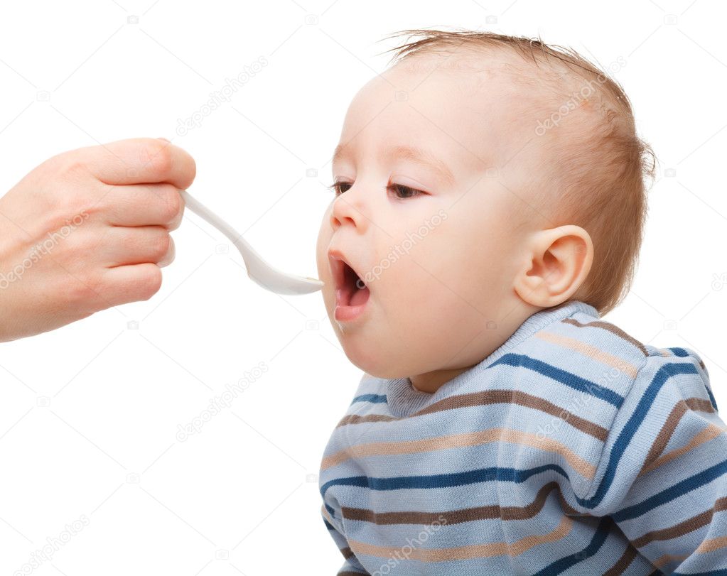 Cute little boy is being fed using spoon