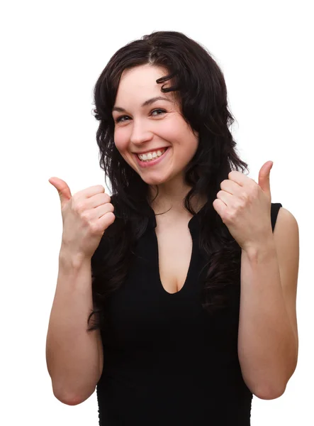 Mladá žena ukazuje palcem nahoru gesto — Stock fotografie