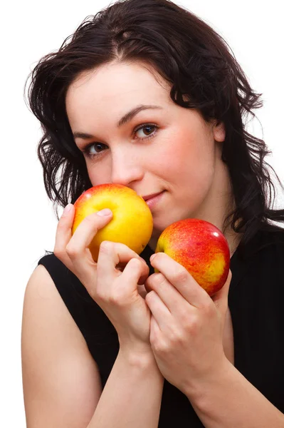 2 つの赤いりんごを持つ若い魅力的な女性 — ストック写真