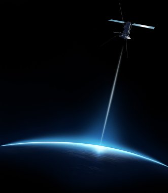 Communication satellite beaming a signal down to earth clipart