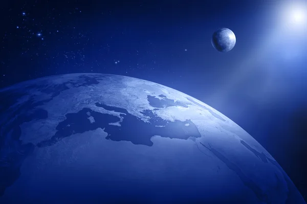 Erde mit Mond und Sonne — Stockfoto