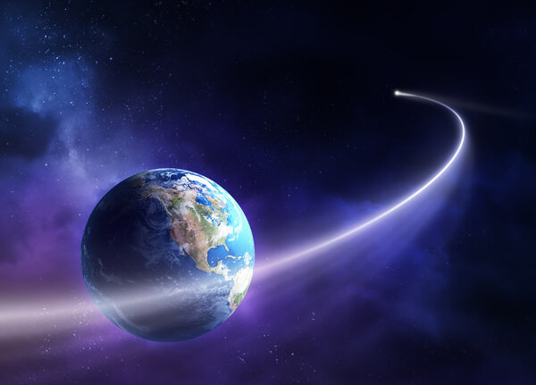 Comet passing in front of planet earth (3D uv map from http://visibleearth.nasa.gov)