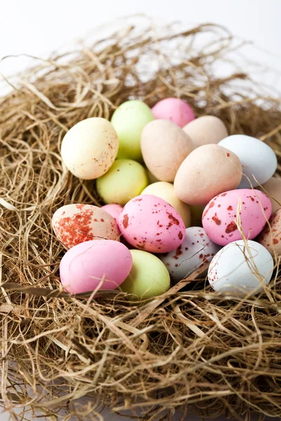 Pastelově Barevné Velikonoční Vejce Hnízdě — Stock fotografie