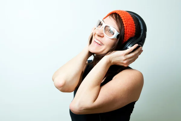Young Woman Listening Music Headphones Studio Shot — Stock Photo, Image