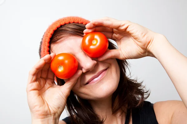 Young Woman Tomato Eyes Studio Shot — Stock Photo, Image