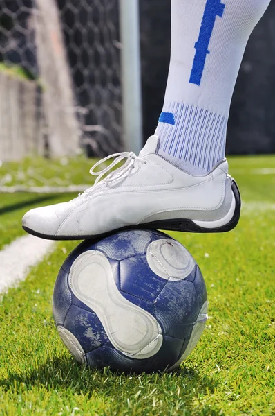 Mänskliga Ben Och Soccer Ball Gräsplan — Stockfoto