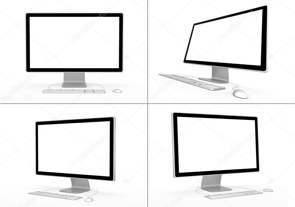 Set of computer workstations in various viewing angles. 3D rendered illustration.