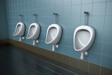 Row of four urinals. 3D rendered image. clipart