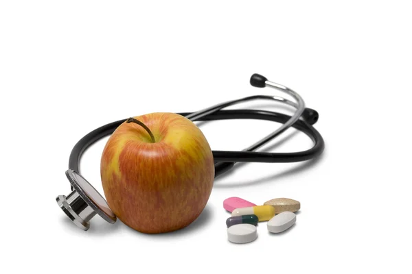 Äpple Med Stetoskop Konceptuell Bild Isolerad Vit — Stockfoto