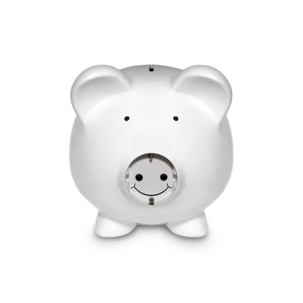 Piggy Met Stekker Als Een Concept Wit Wordt Geïsoleerd — Stockfoto