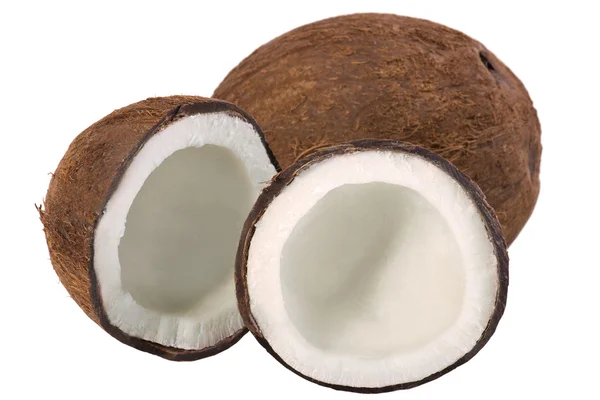 Två Kokosnötter Tabell Hälsosam Mat Stilleben Isolerad Vit — Stockfoto