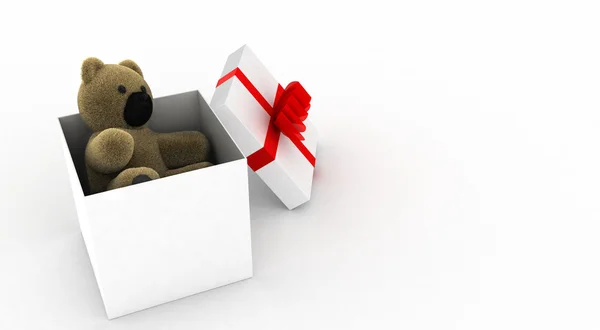 Teddy bear in a white gift box — Stock Photo, Image