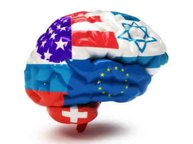 Flags on Human brain isolated on white clipart