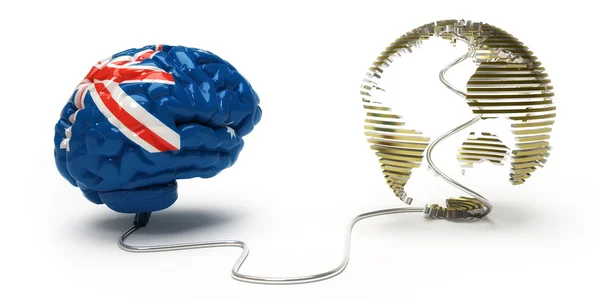 白で隔離され地球に接続されている人間の脳にオーストラリアの旗 — ストック写真