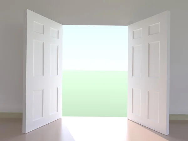 Wygenerowane Komputerowo Widok Zewnątrz Przez Otwarte Drzwi — Zdjęcie stockowe