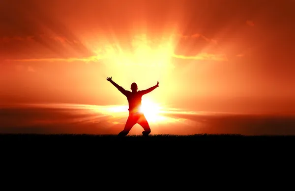 Adam Alan Çimen Parlak Güneşin Arkasında Atlama Siluet Telifsiz Stok Imajlar