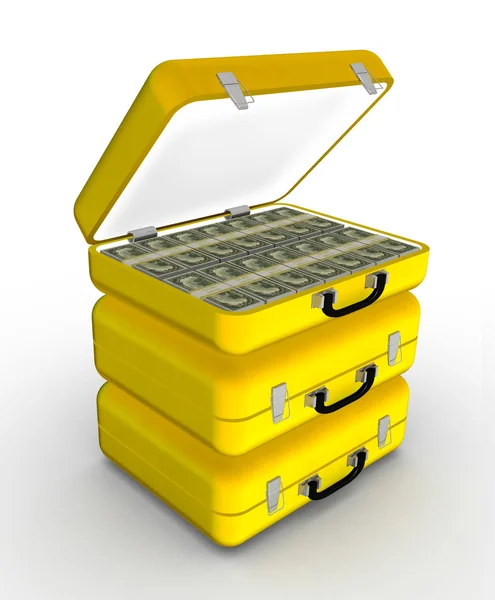 Желтый чемодан с деньгами — стоковое фото