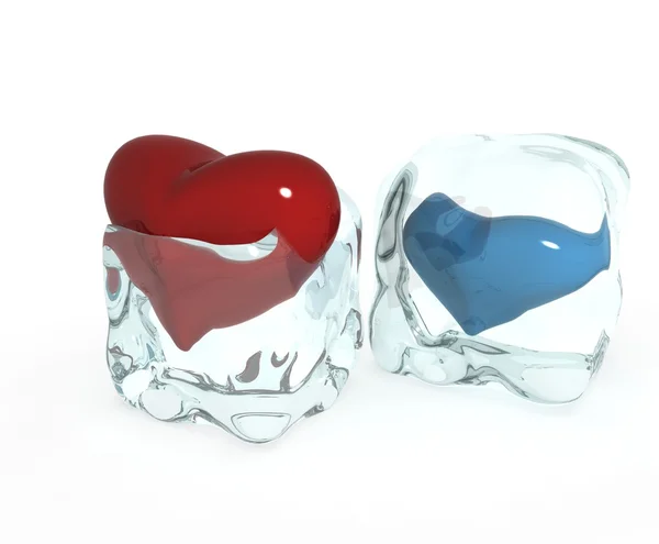 Червоне серце заморожене в крижаному кубі ізольовано на білому — стокове фото