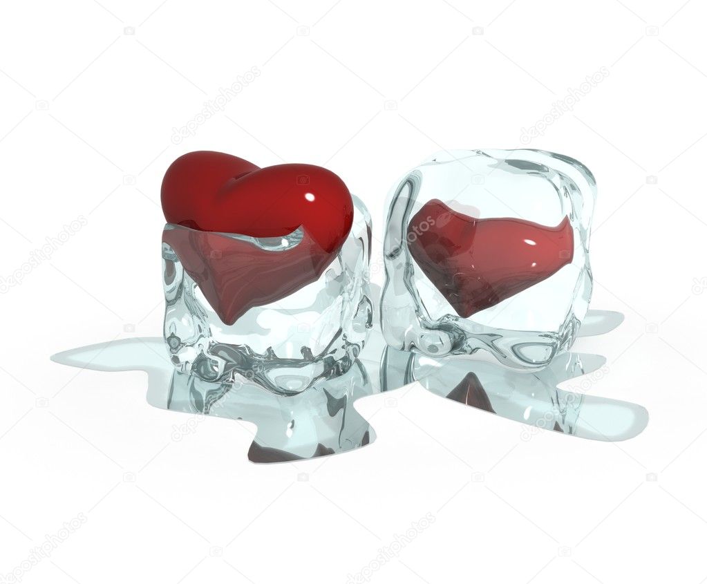 Red heart frozen in ice cube isolated on white