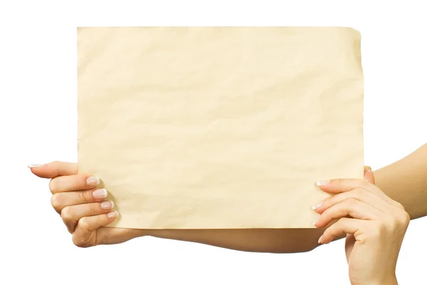 Papier czysty arkusz w rękach kobiet — Zdjęcie stockowe