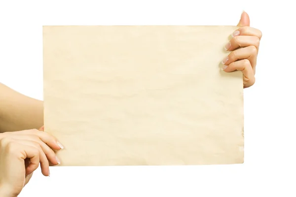Κενό Φύλλο Χαρτιού Στο Θηλυκό Όμορφα Χέρια — Φωτογραφία Αρχείου