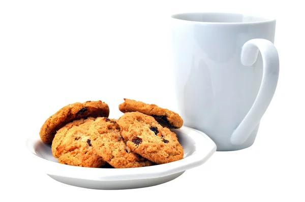 Haferflocken Kekse Auf Teller Und Kaffee Isoliert Auf Weißem Hintergrund — Stockfoto