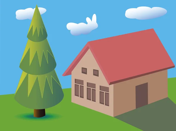 Casa árvore de pele, grama, nuvens, céu azul-claro, natureza , —  Vetores de Stock