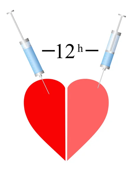 Heart, two syringe, twelve hour — Stock Vector