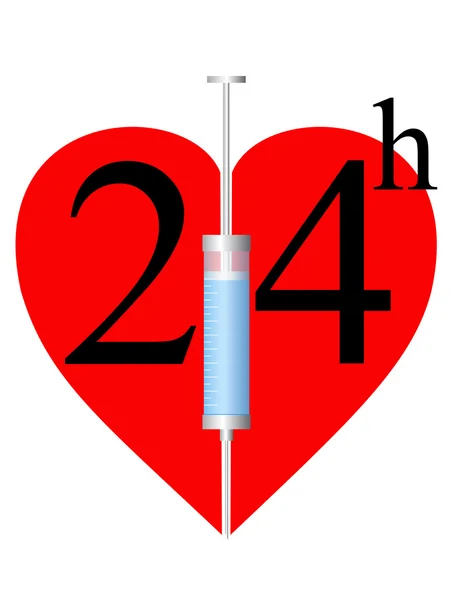 Syringe and heart 24 h — Stock Vector