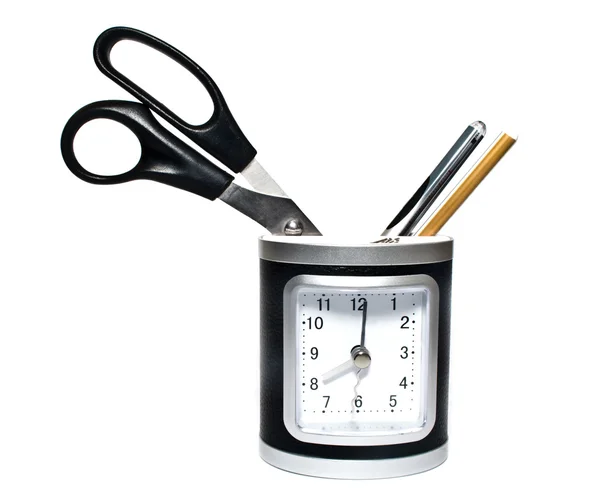 Scissors, clock and pens — Stock Photo, Image