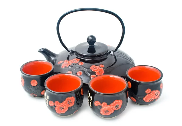 Tea-set with red flowers — Stock Photo, Image