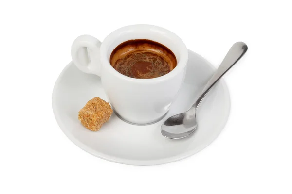 Eine Tasse Kaffee Auf Einer Untertasse Und Ein Stück Rohrzucker — Stockfoto