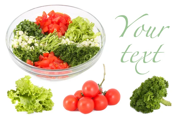 Salad and vegetables separately collage — Stock Photo, Image