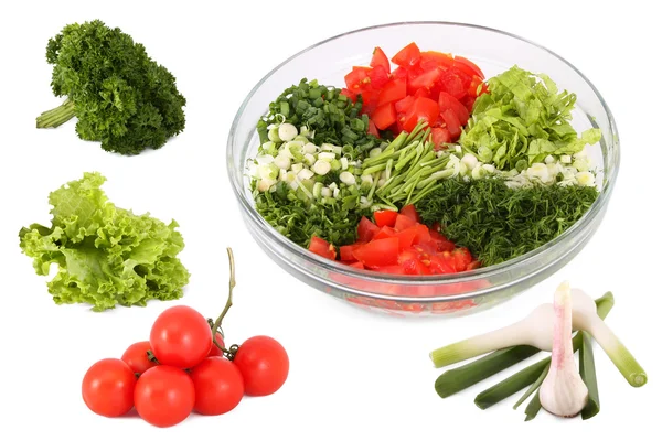 Salad and vegetables separately collage — Stock Photo, Image