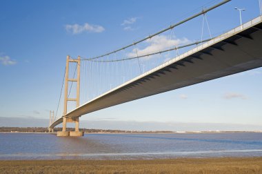 Large suspension bridge spanning a wide river on a clear day clipart