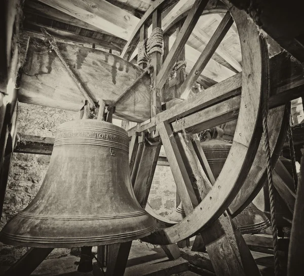 Tradiční Staré Zvony Kostele Věž Středověku Černé Bílé — Stock fotografie